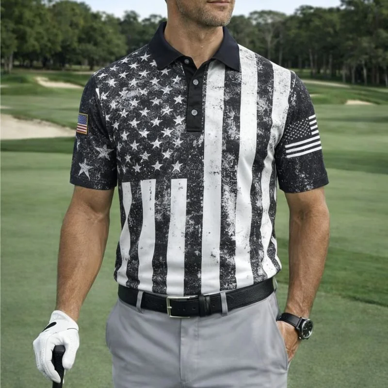 Men's USA Flag Patriotic Golf Polo Shirt | Moisture Wicking American Flag Performance Golf Apparel
