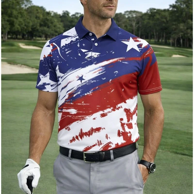 Men's USA Flag Patriotic Golf Polo Shirt | Moisture Wicking American Flag Performance Golf Apparel