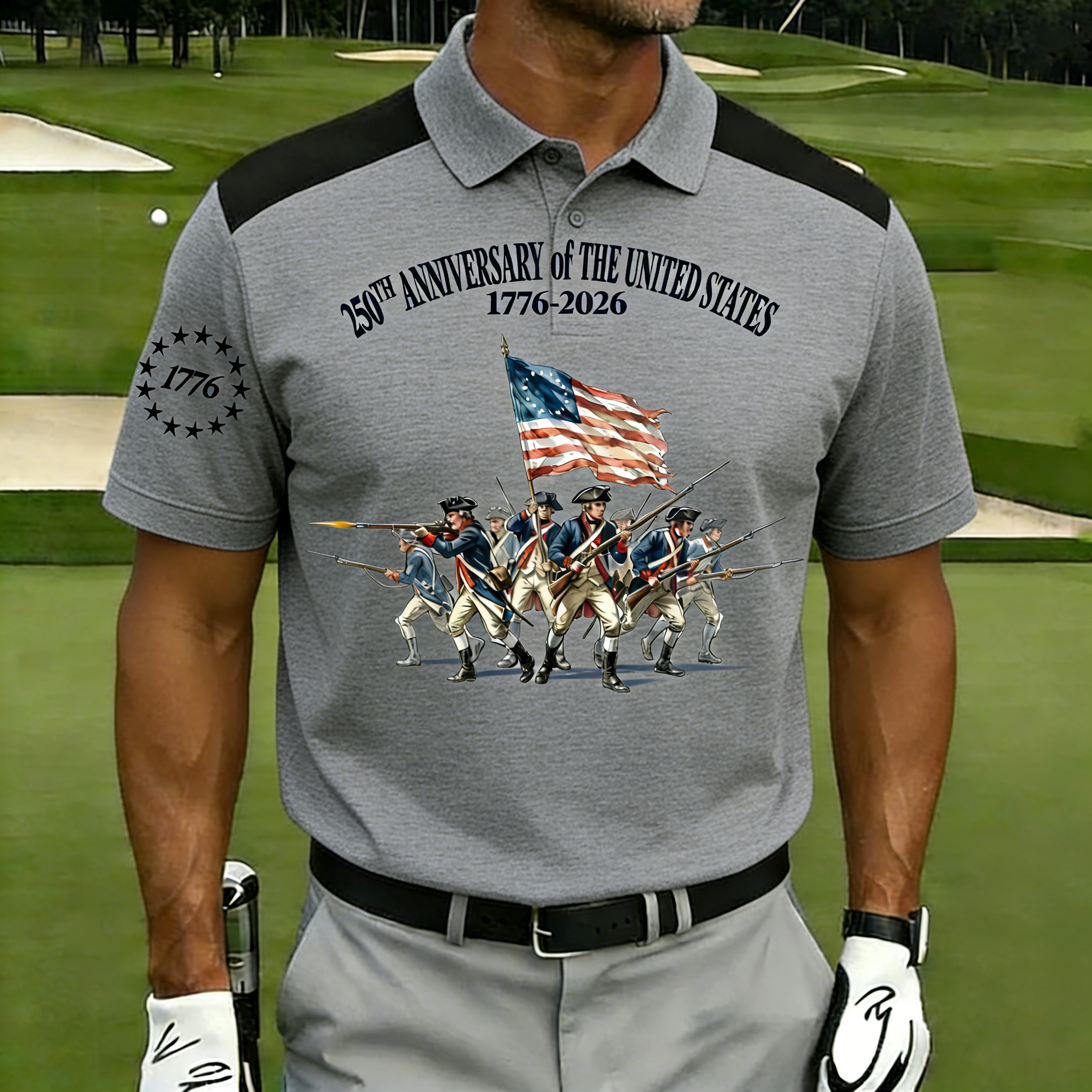 Men's 250th Anniversary US Revolutionary Soldier Polo Shirt | Patriotic Short Sleeve Golf Tee