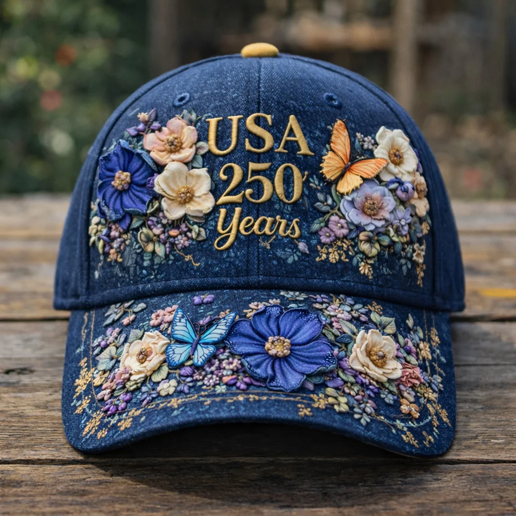 Patriotic USA 250 Anniversary Cap | Embroidered Flower & Flag Design