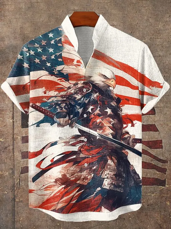 Men's Eagle General Warrior American Flag Ink Painting Print Short Sleeve Shirt Big Tall