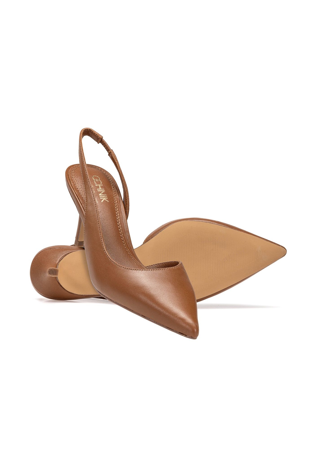 Brown open-heel pumps
