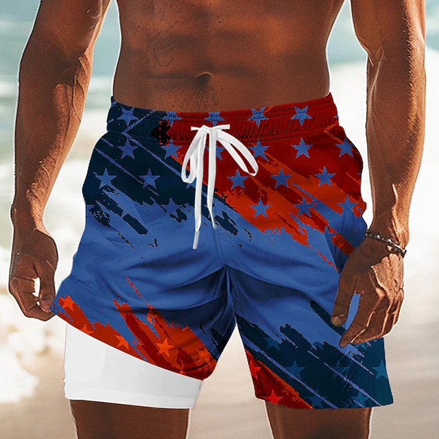 American Pride Men's Swim Trunks with Compression Liner | Quick Dry Patriotic Beachwear