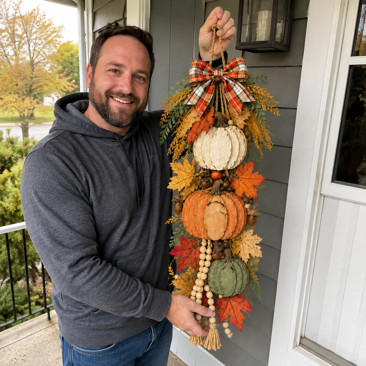 Woman holding autumn stacked pumpkin decoration