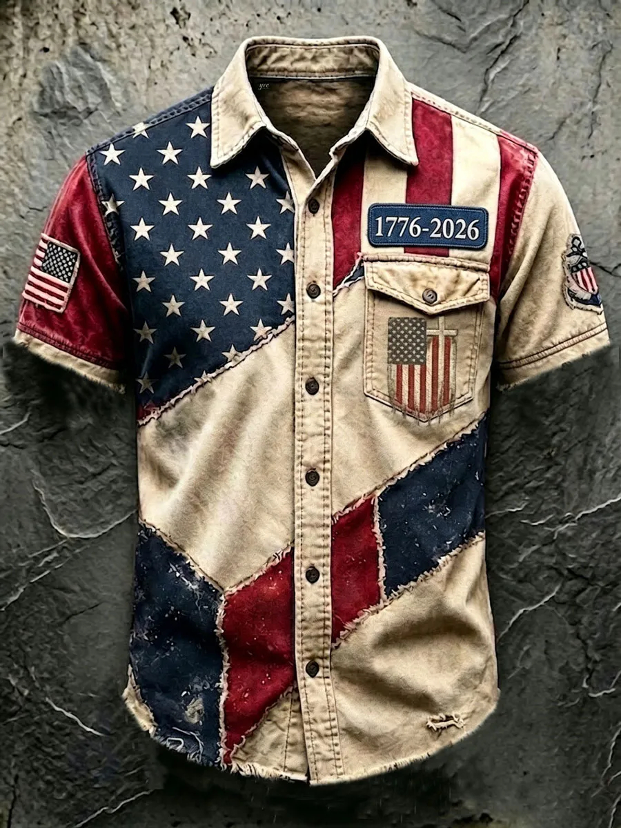 Men's USA 1776-2026 250th Anniversary Vintage Flag Patchwork Short-Sleeve Button-Down Shirt - Distressed Denim Style