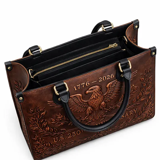 U.S. 250th Anniversary Leather Tote Bag - Embossed Bald Eagle Heritage Design