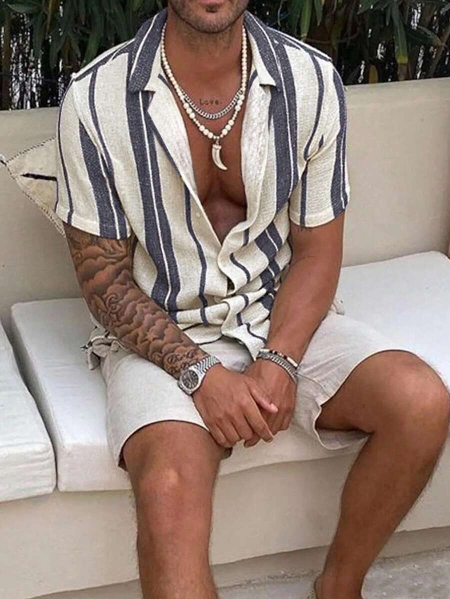 2026 Men Spring/Summer Casual Holiday Striped Button-Down Short Sleeve Shirt