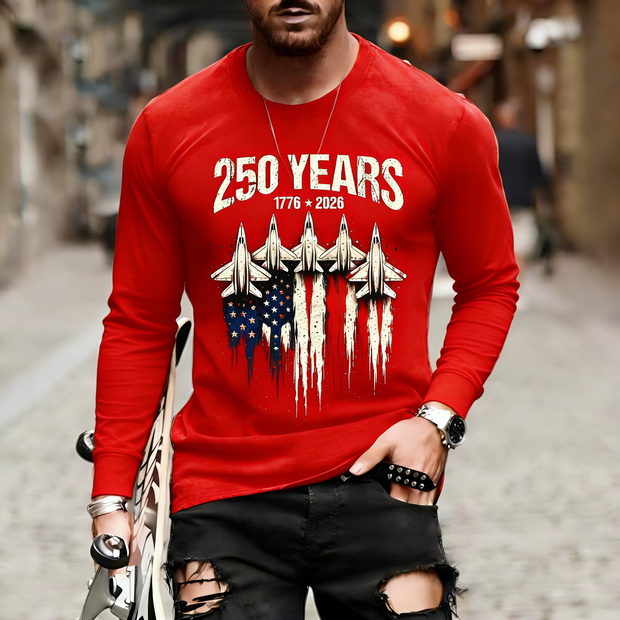 Men's Retro 250th Anniversary of the United States Independence Day Fighter Jet Long Sleeve T-Shirt