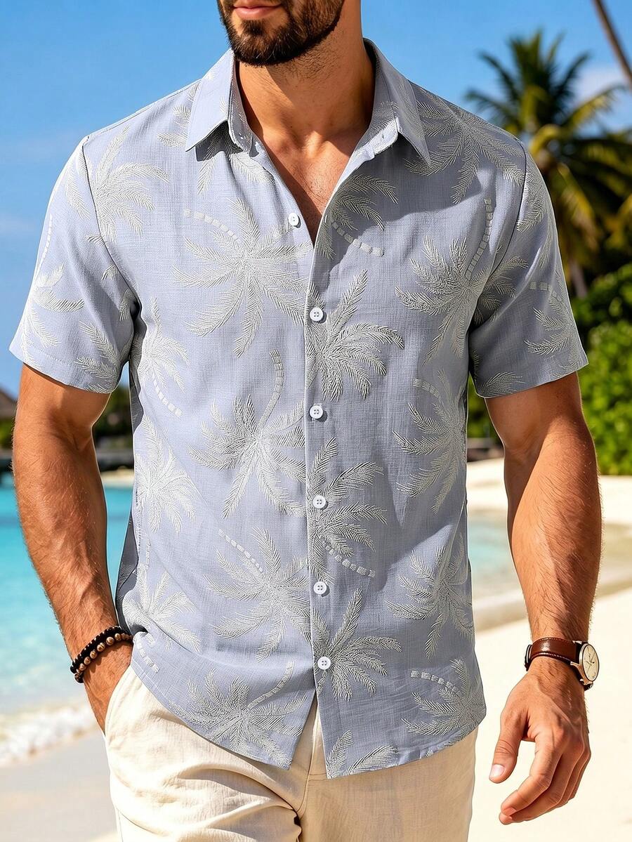Men's Fashion Casual Vacation Style Short Sleeve Shirt With Faux Embroidery