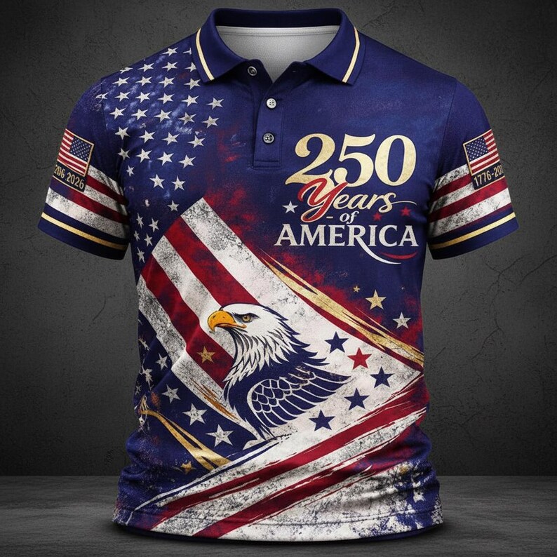 USA 250th Anniversary Polo Shirt, American Flag 1776–2026 Patriotic Polo, Gift for Dad Mom, United States Eagle Independence Day Apparel