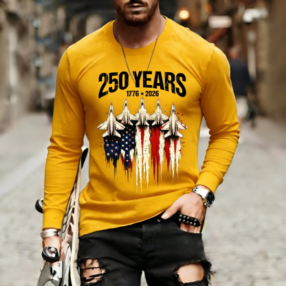 Men's Retro 250th Anniversary of the United States Independence Day Fighter Jet Long Sleeve T-Shirt