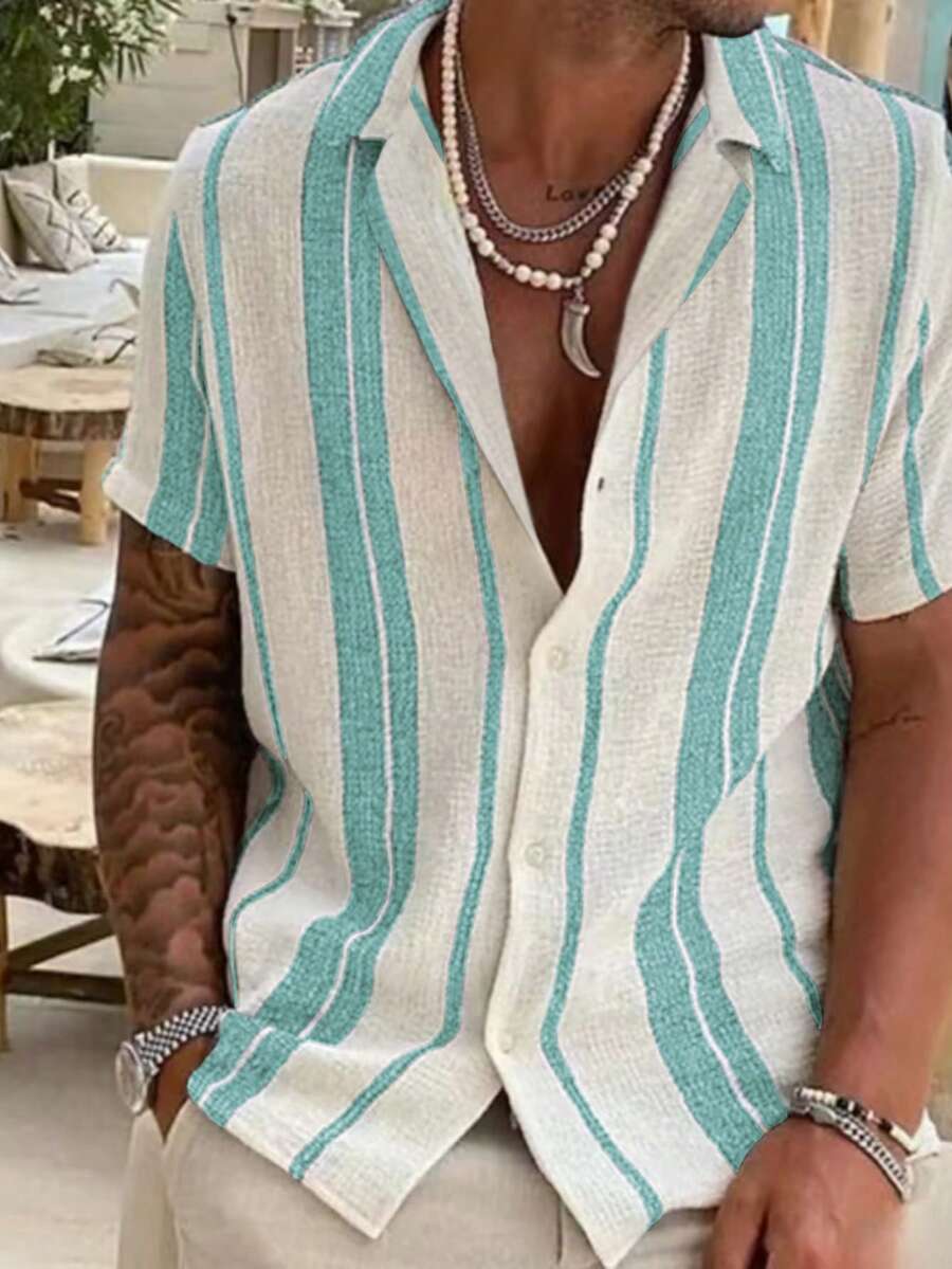 2026 Men Spring/Summer Casual Holiday Striped Button-Down Short Sleeve Shirt