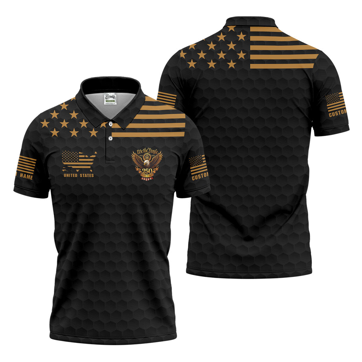 We The People 250 Years Golf Ball Pattern Black Golf Shirt, 4th Of July Patriotic Golf Shirts For Men