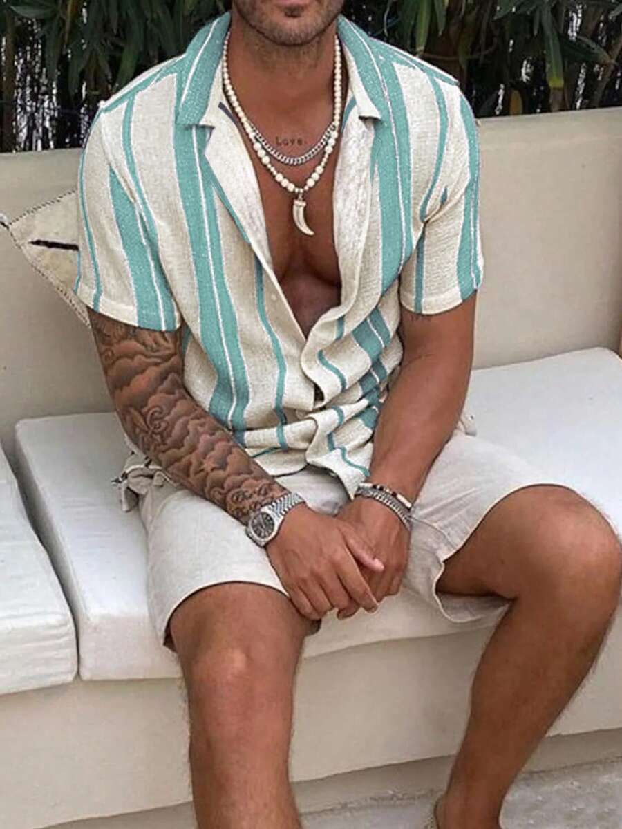 2026 Men Spring/Summer Casual Holiday Striped Button-Down Short Sleeve Shirt