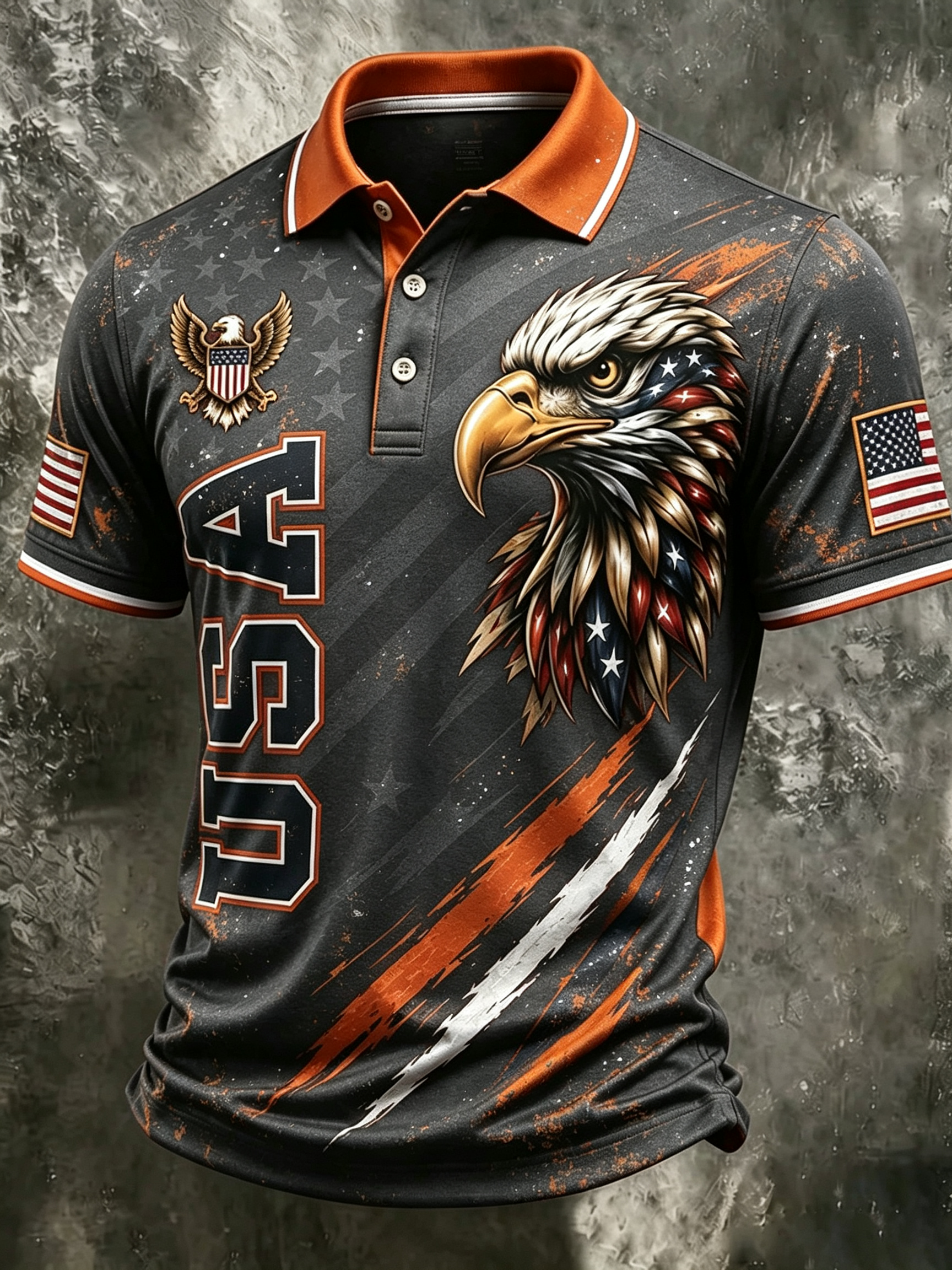 Men’s Red Patriotic Bald Eagle USA Flag Print Short Sleeve Polo Shirt, American Flag Sleeve Badge Lapel Golf Tee