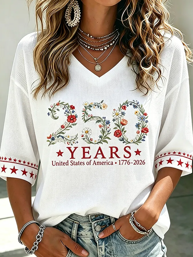 [Copy]Women’s 250 Years USA 1776-2026 Floral Print V-Neck Top