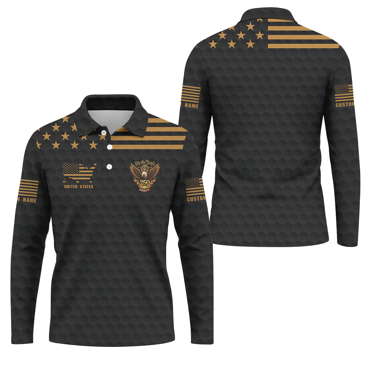 We The People 250 Years Golf Ball Pattern Black Golf Shirt, 4th Of July Patriotic Golf Shirts For Men