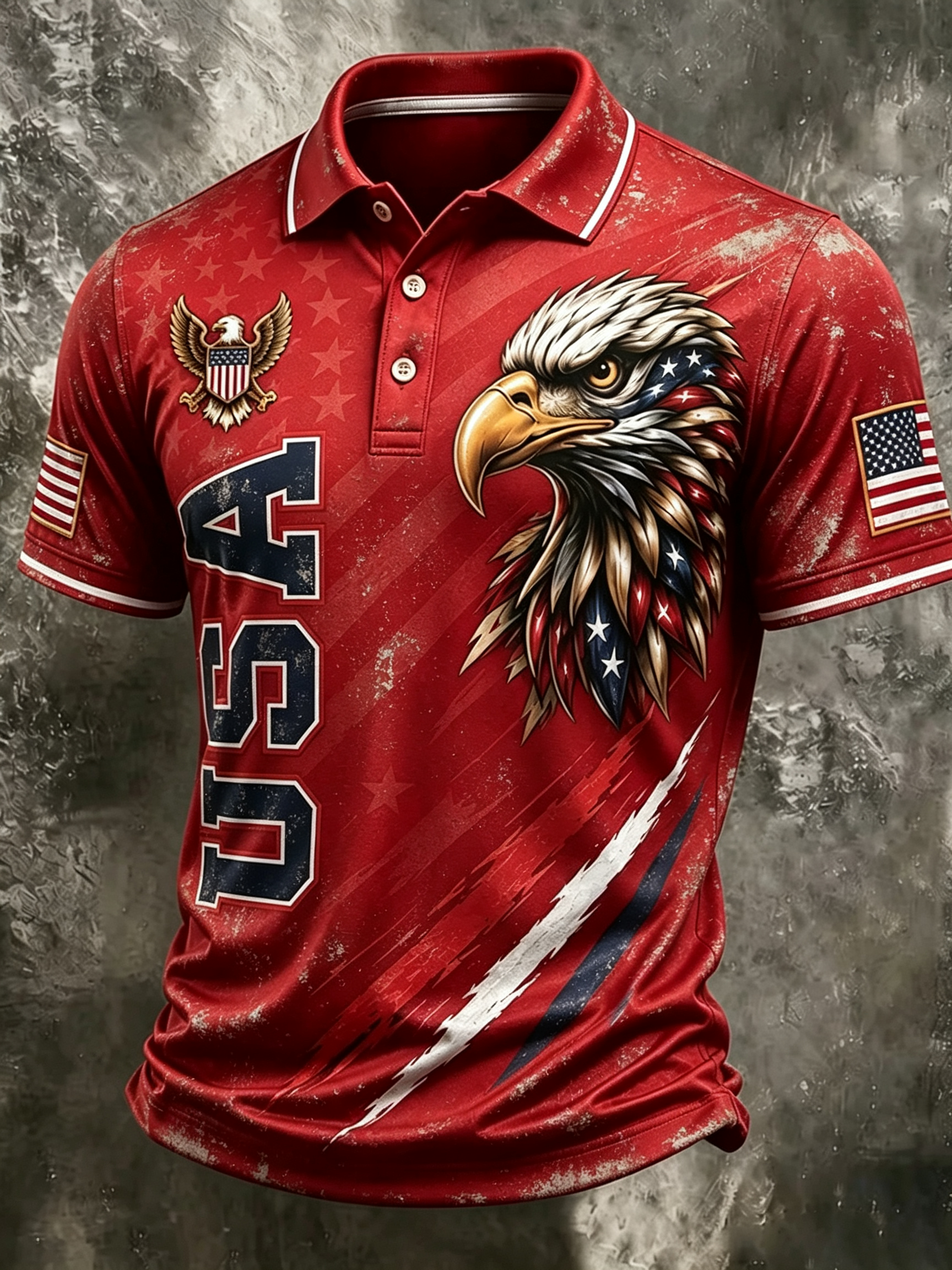 Men’s Red Patriotic Bald Eagle USA Flag Print Short Sleeve Polo Shirt, American Flag Sleeve Badge Lapel Golf Tee