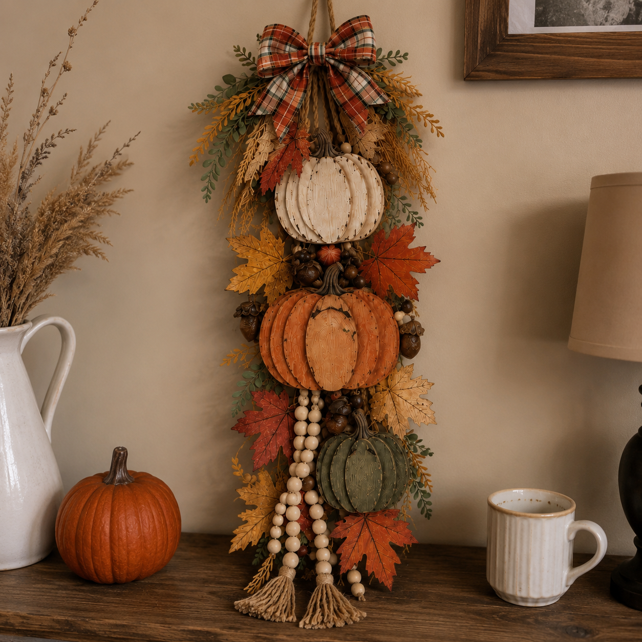 Autumn pumpkin decoration displayed on front porch