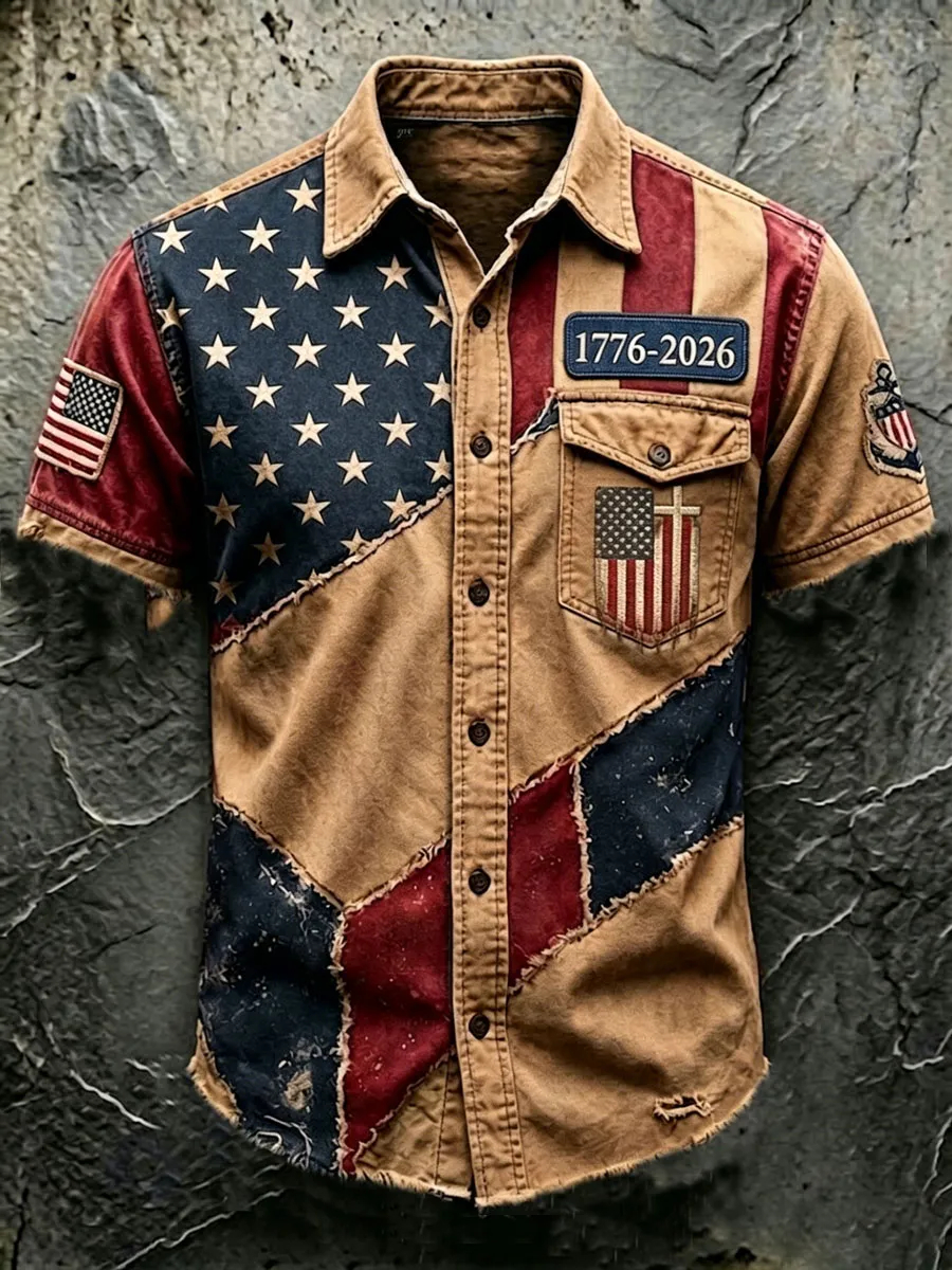 Men's USA 1776-2026 250th Anniversary Vintage Flag Patchwork Short-Sleeve Button-Down Shirt - Distressed Denim Style
