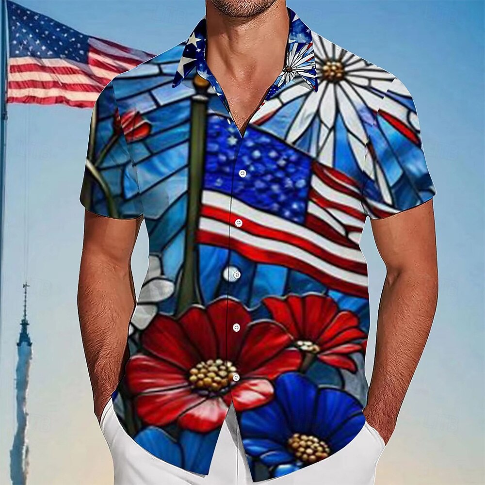 Stained Glass USA Patriotic Casual Shirt - 250th Anniversary Floral Flag Button-Up
