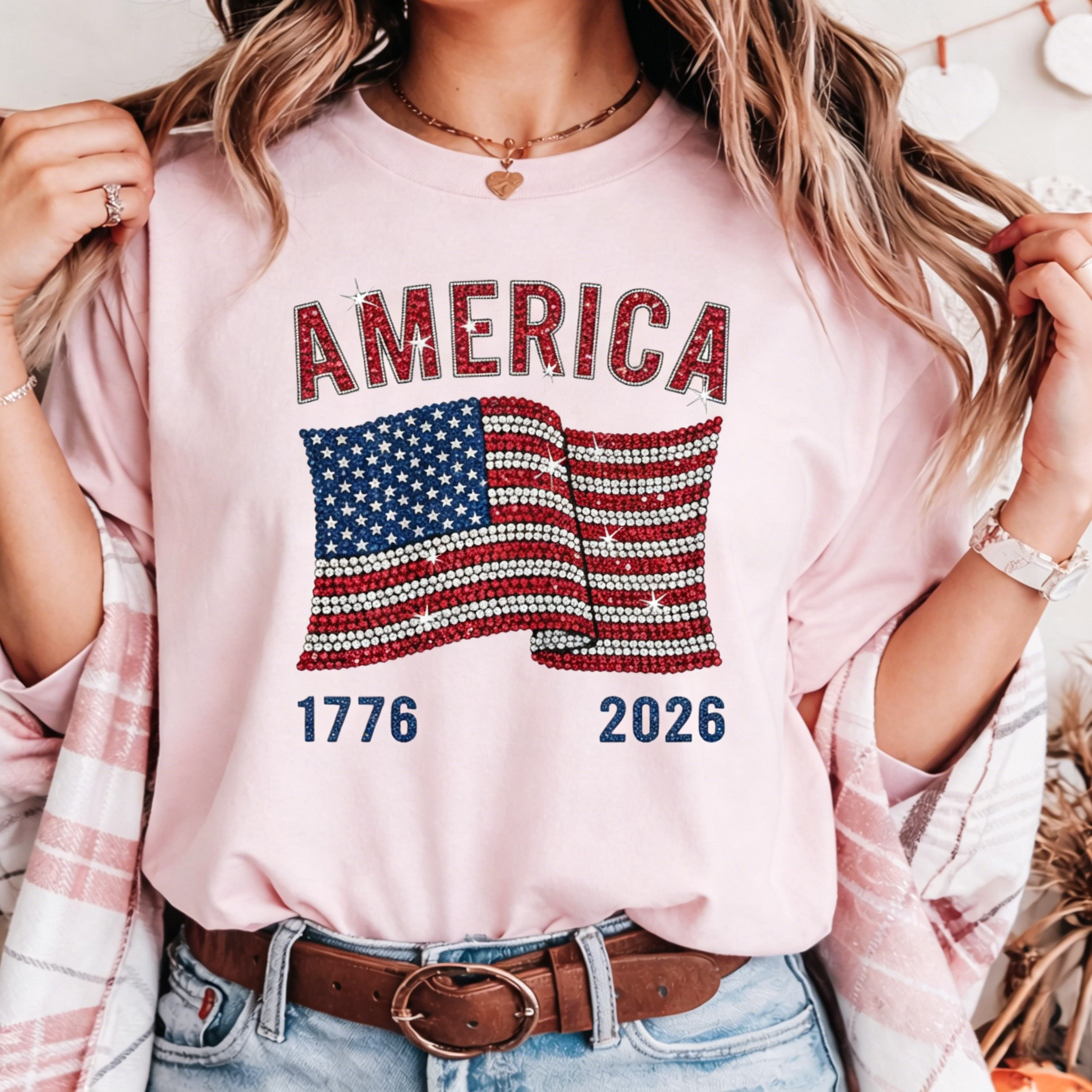 America 250 Shirt for Women, 1776 2026 Patriotic Tee, Fourth of July Sparkle USA Anniversary Shirt B