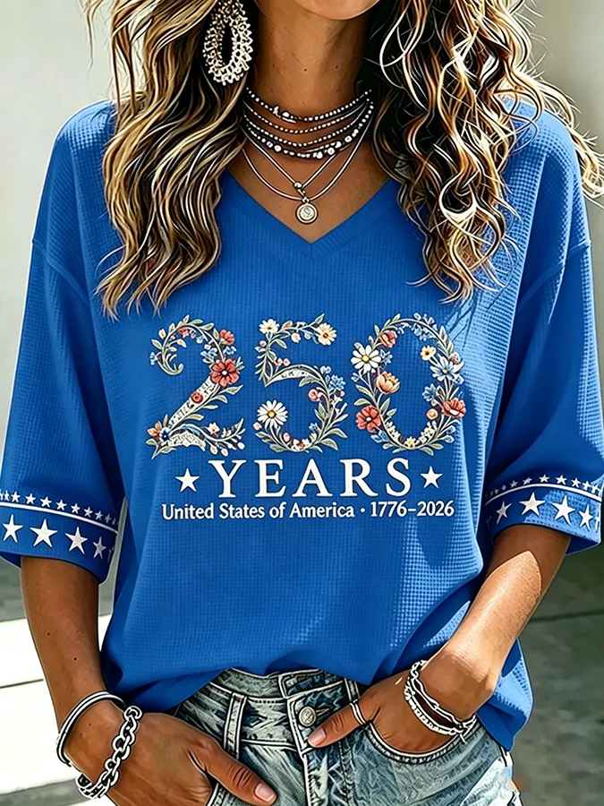 [Copy]Women’s 250 Years USA 1776-2026 Floral Print V-Neck Top