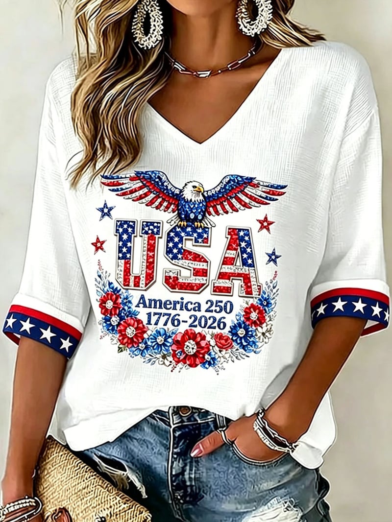 Women's Vintage Star & Stripe Pattern American Flag Casual Short-Sleeve Shirt