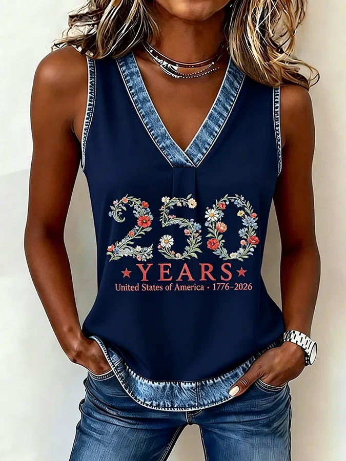 Relaxed Fit 1776-2026 USA 250 Floral Print Denim Trim Tank Top