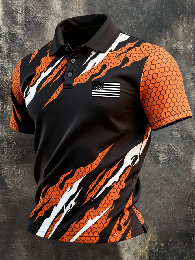 Men's Retro Patriotic Color-Block Short-Sleeve Polo Shirt