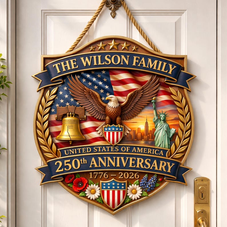 250th Anniversary America Door Hanger, 1776–2026 Patriotic Wood Door Sign, American 250 Wall Decor Sign, 250th Anniversary Porch Wooden Sign