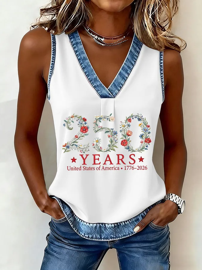 Relaxed Fit 1776-2026 USA 250 Floral Print Denim Trim Tank Top