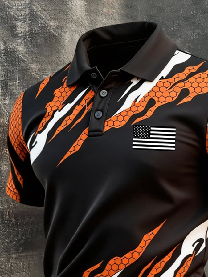 Men's Retro Patriotic Color-Block Short-Sleeve Polo Shirt
