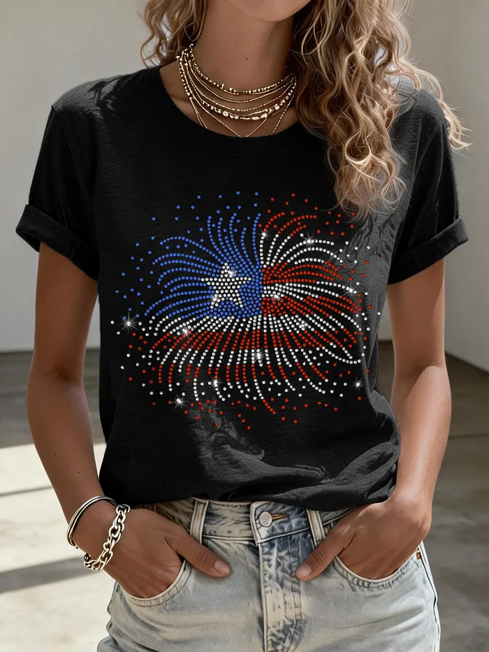 Women’s USA Flag Fireworks Rhinestone Short Sleeve T-Shirt