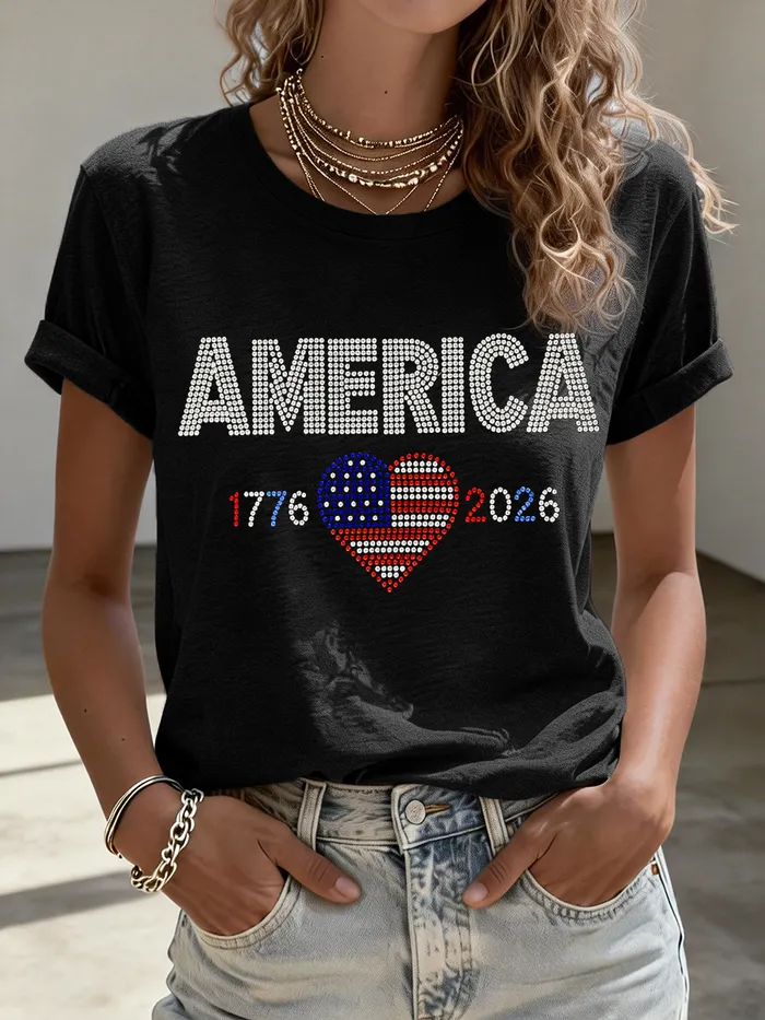 Women’s AMERICA 1776-2026 Heart Flag Rhinestone Black Short Sleeve T-Shirt