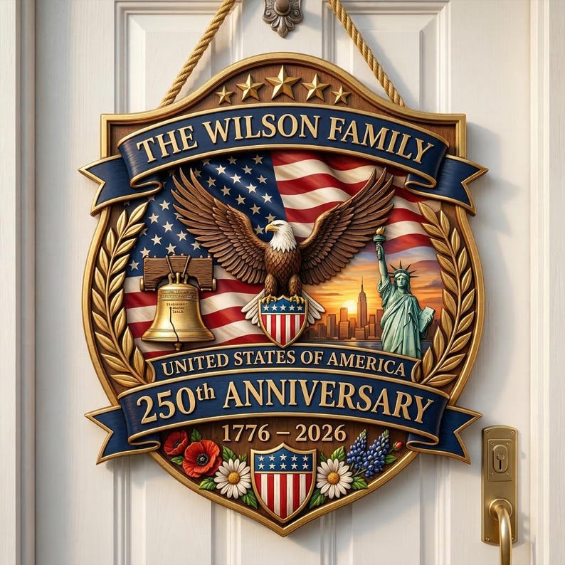 250th Anniversary America Door Hanger, 1776–2026 Patriotic Wood Door Sign, American 250 Wall Decor Sign, 250th Anniversary Porch Wooden Sign