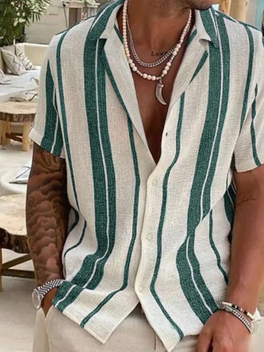 2026 Men Spring/Summer Casual Holiday Striped Button-Down Short Sleeve Shirt
