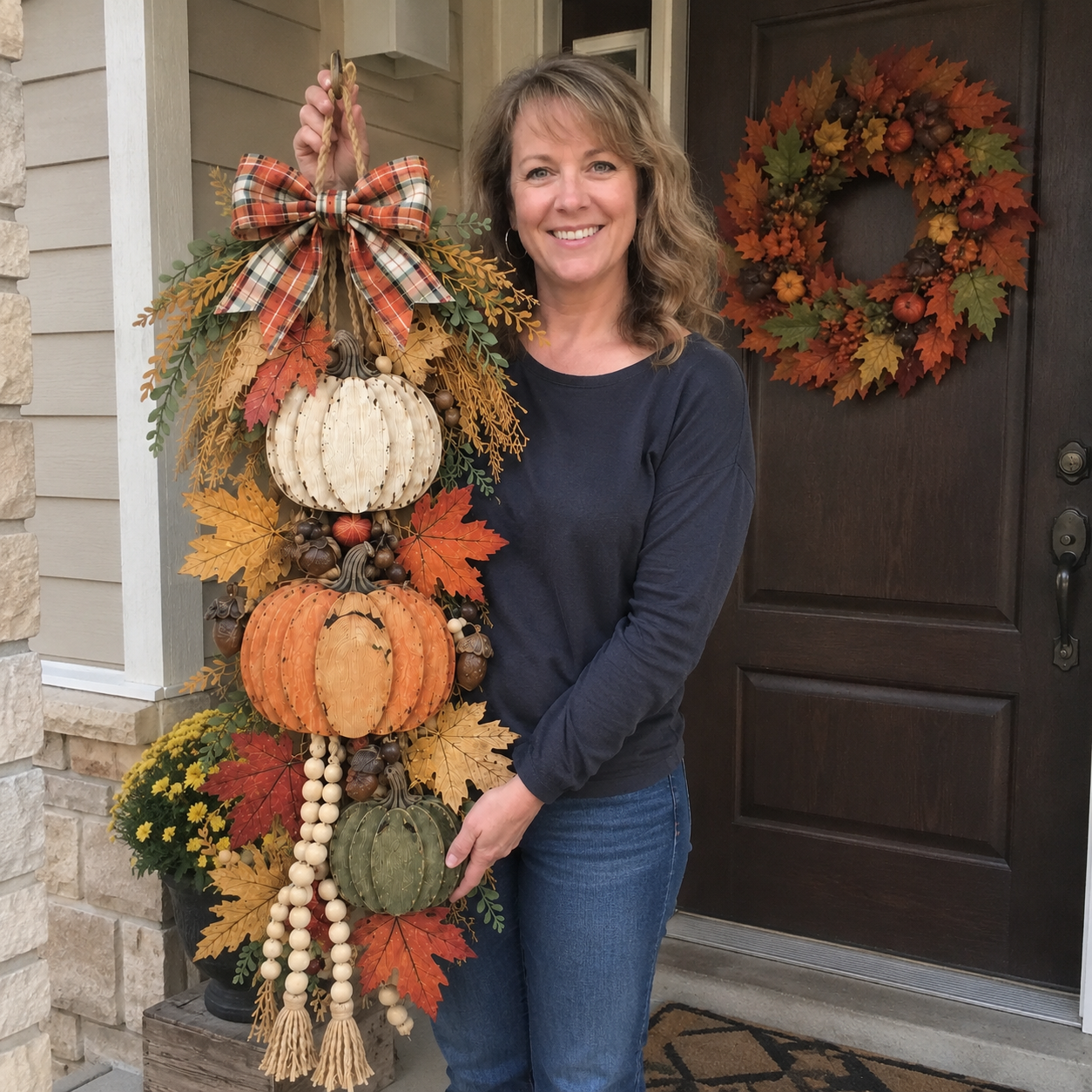 Stacked pumpkin autumn decoration displayed indoors