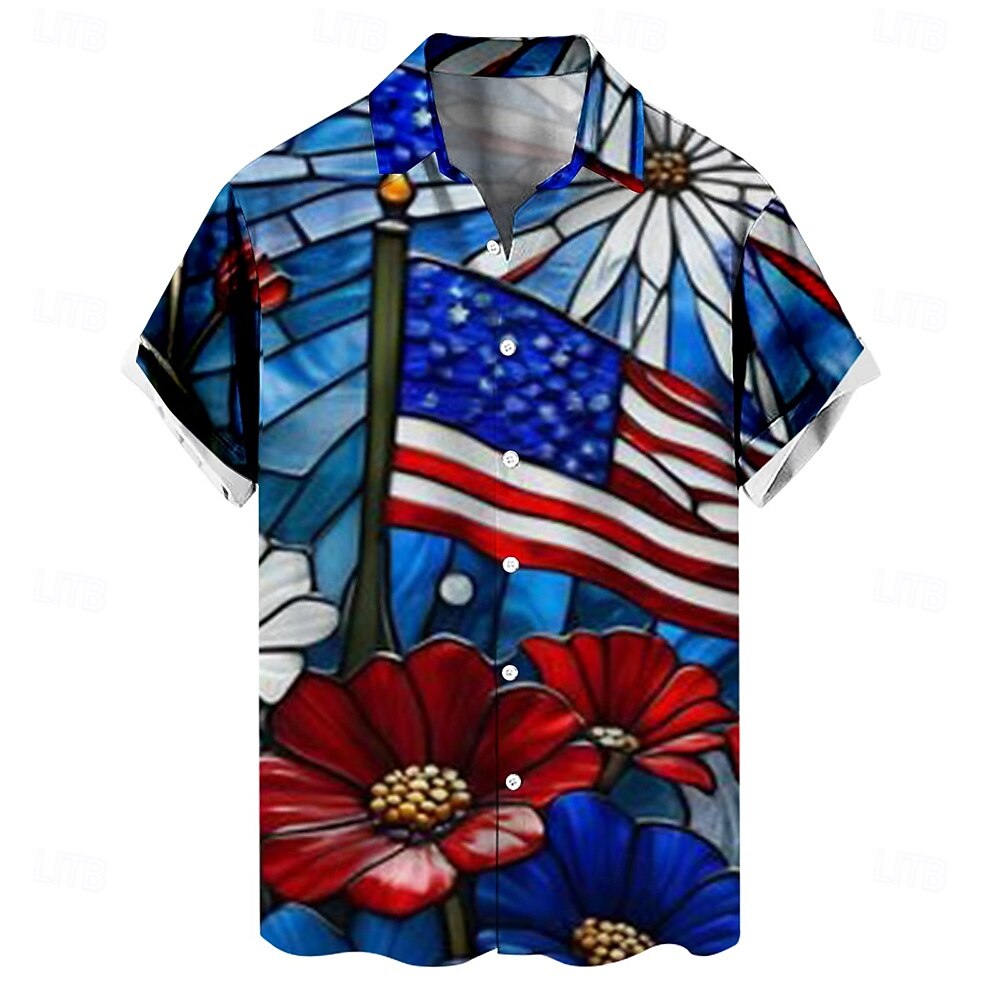 Stained Glass USA Patriotic Casual Shirt - 250th Anniversary Floral Flag Button-Up