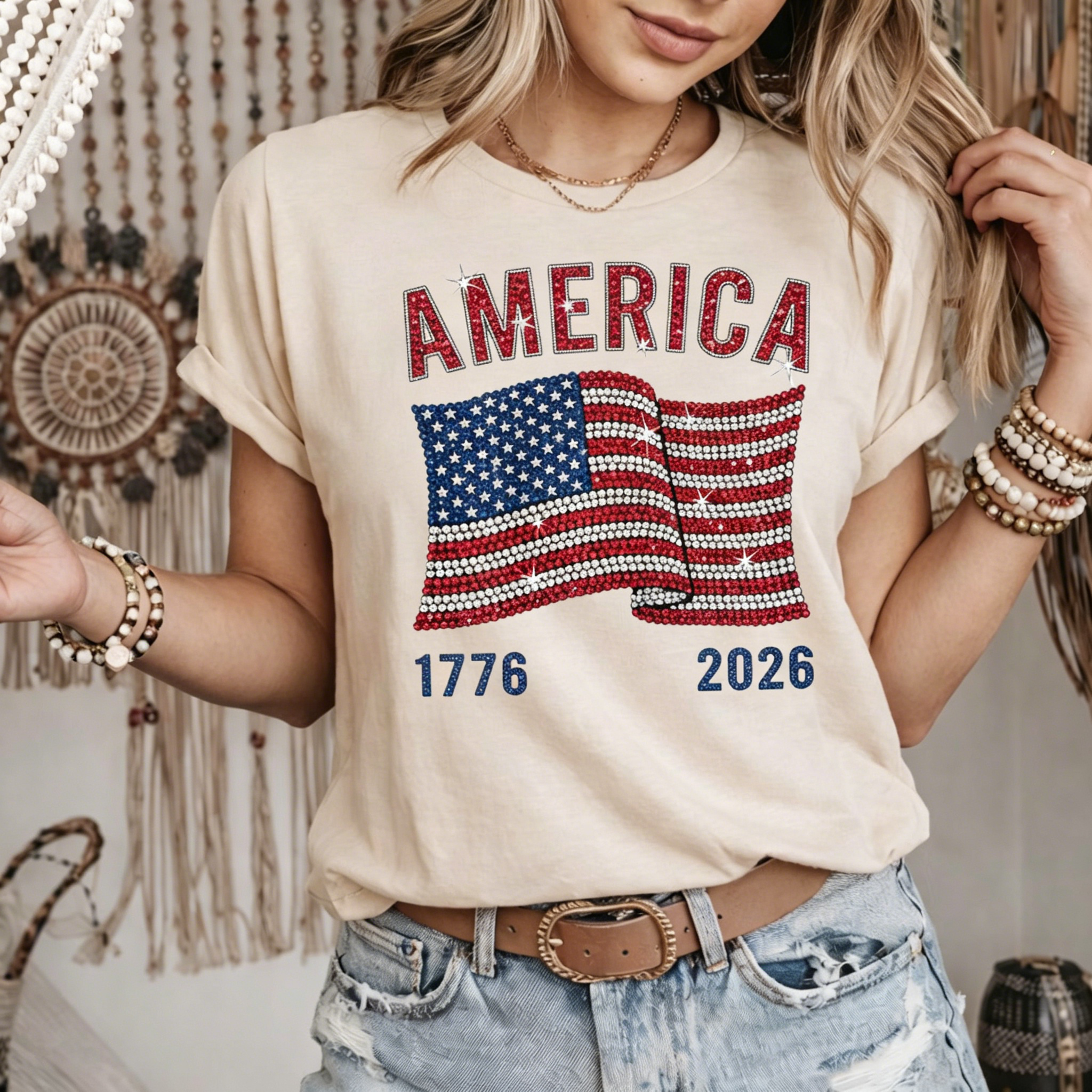 America 250 Shirt for Women, 1776 2026 Patriotic Tee, Fourth of July Sparkle USA Anniversary Shirt C