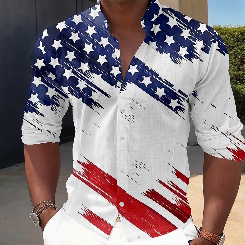 Casual American Flag Brushstroke Shirt - Patriotic Distressed Print Button-Up for Men’s Summer Wear