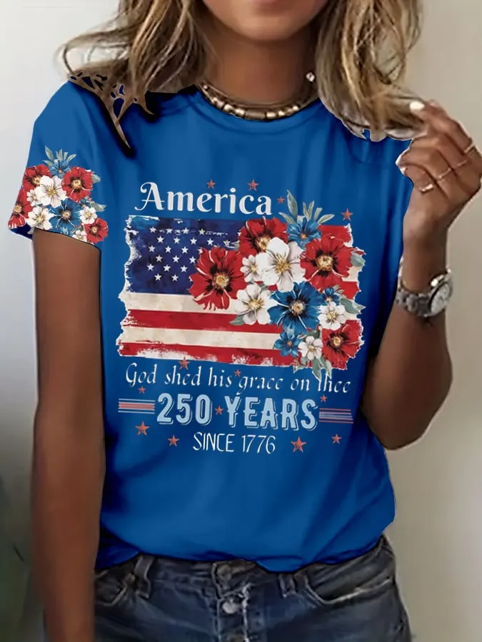 Women's 250th Anniversary National Flag Floral Print Casual T-Shirt