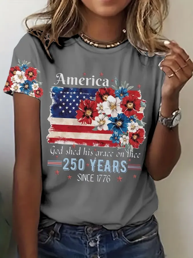 Women's 250th Anniversary National Flag Floral Print Casual T-Shirt