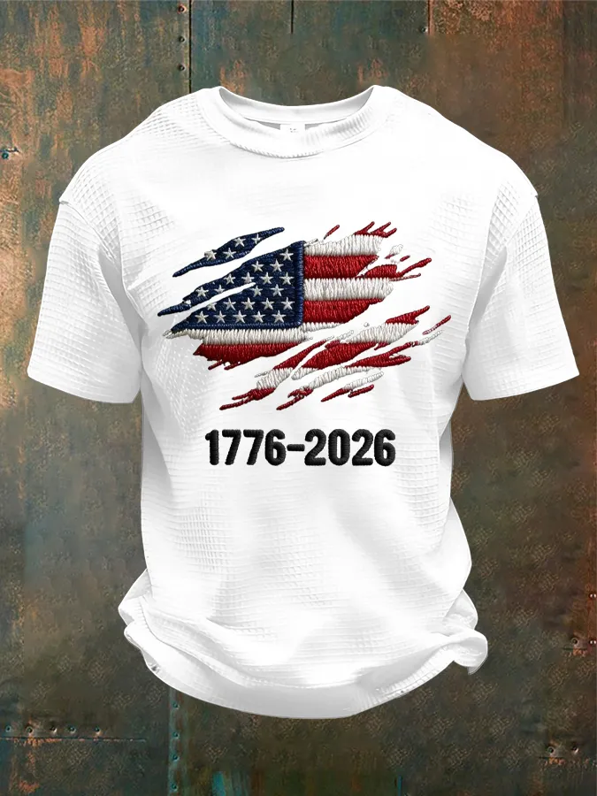 Men'S 250th Anniversary National Flag Print Waffle-Knit Fabric T-Shirt