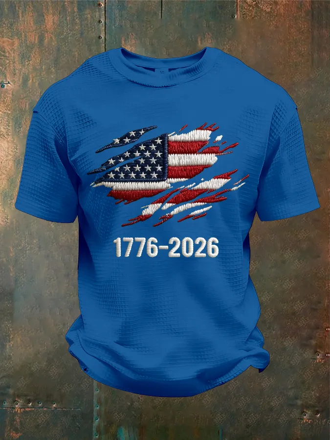 Men'S 250th Anniversary National Flag Print Waffle-Knit Fabric T-Shirt