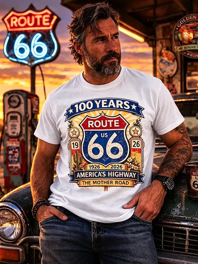 Men's Retro Short-Sleeve T-Shirt - Route 66, the Mother Road