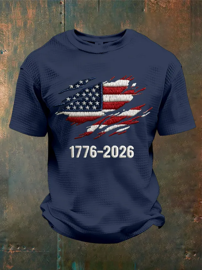 Men'S 250th Anniversary National Flag Print Waffle-Knit Fabric T-Shirt