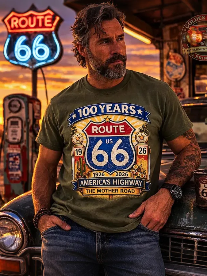 Men's Retro Short-Sleeve T-Shirt - Route 66, the Mother Road