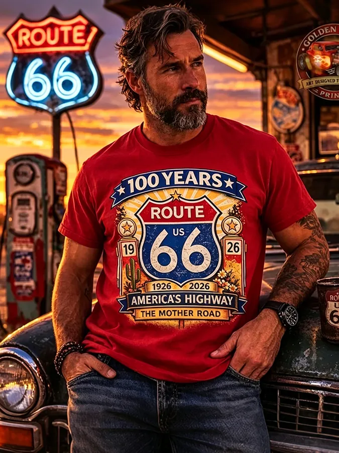 Men's Retro Short-Sleeve T-Shirt - Route 66, the Mother Road