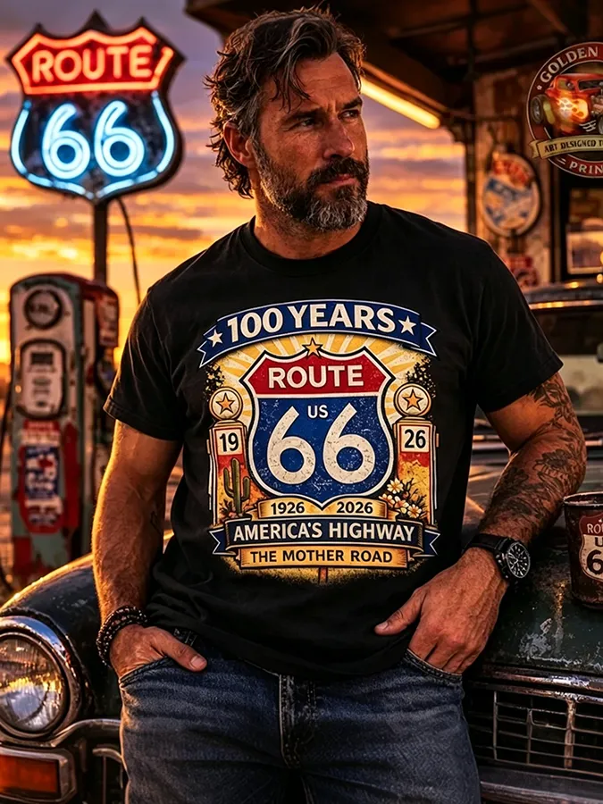 Men's Retro Short-Sleeve T-Shirt - Route 66, the Mother Road